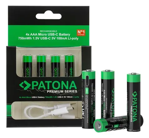 PATONA AAA/LR03 / Nabíjecí baterie / Li-Pol / 500 mAh / 1,5V / USB-C / 4 ks