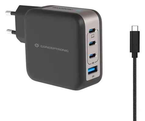 Conceptronic ALTHEA18B USB nabíjecí adaptér černá / 1x USB-A 3.2 Gen2 / 3x USB-C / 100 W / GaN / PD