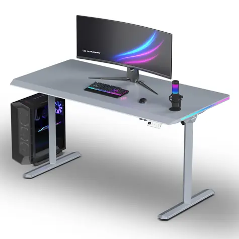 ULTRADESK Quest šedá, šedá deska / Herní stůl / 140 x 70 cm / 72-120 cm / elektrická výška / LED RGB