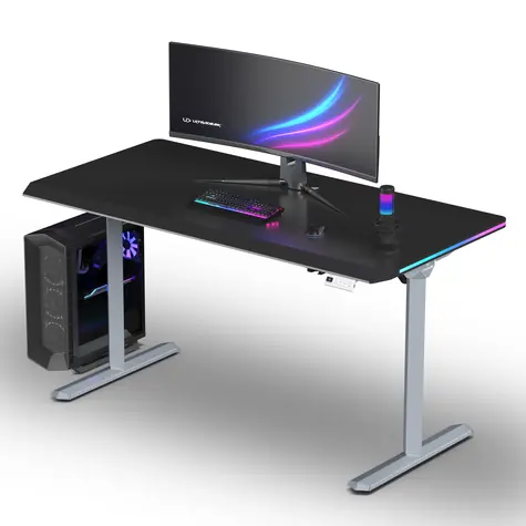 ULTRADESK Quest šedá, černá deska / Herní stůl / 140 x 70 cm / 72-120 cm / elektrická výška / LED RGB