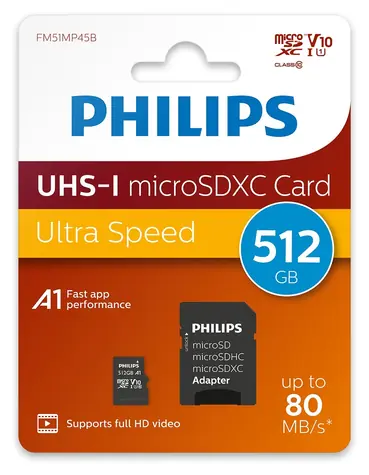 Philips microSDXC 512 GB + adaptér / Micro SD karta / Class 10 / UHS-I U1 / čtení: 80 MB/s / zápis: 30 MB/s