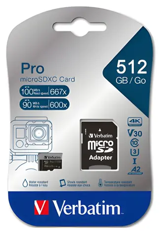 Verbatim MicroSDXC Pro 512 GB + Adaptér / Paměťová karta / UHS-I (U3) / V30 / R: 100 MB/s / W: 90 MB/s