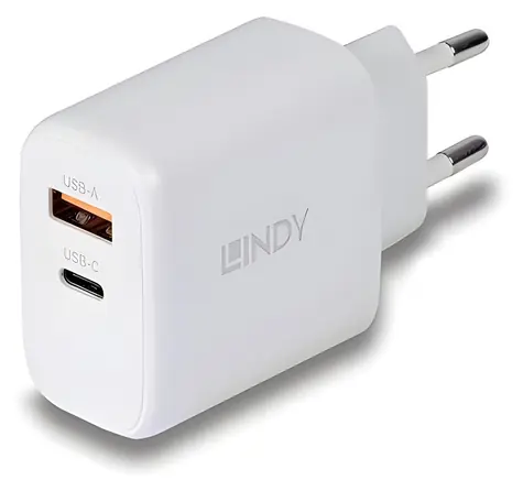 Lindy GaN nabíječka 65W bílá / Síťová nabíječka / 1x USB-C / 1x USB-A / PD 3.0 / PPS