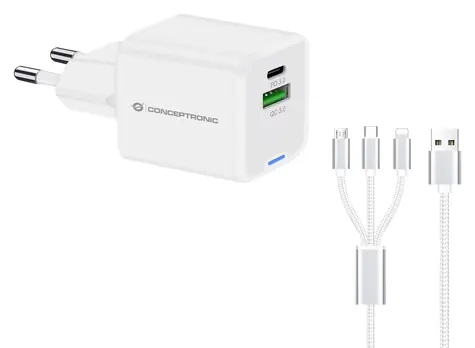 Conceptronic ALTHEA16W bílá / USB nabíjecí adaptér / 1x USB-A / 1x USB-C / 33 W / GaN / PD