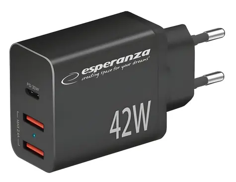 Esperanza EZC106K černá / Síťová nabíječka / 42 W / Power Delivery / 1x USB-C / 2x USB-A