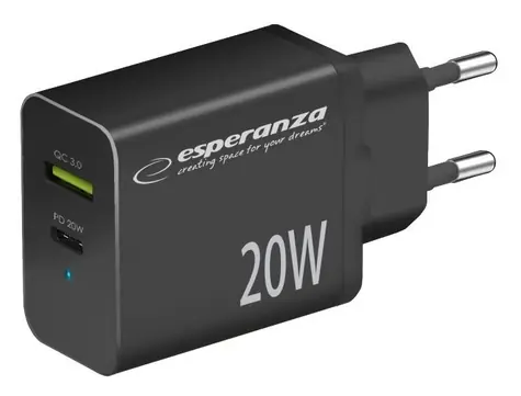 Esperanza EZC105K černá / Nabíjecí adaptér / 20 W / USB-C + USB-A / Quick Charge 3.0