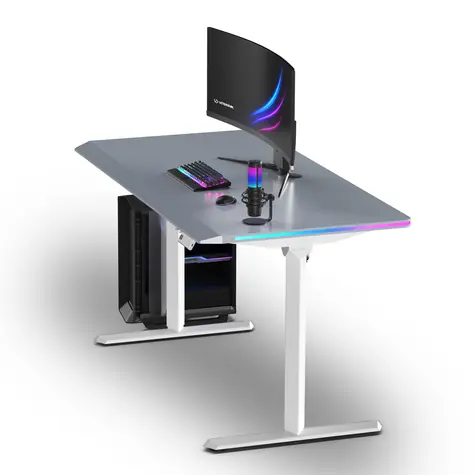 ULTRADESK Quest bílá šedá / Herní stůl / 140 x 70 cm / 72-120 cm / elektrická nastavitelná výška / LED RGB osvětlení