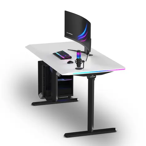 Ultradesk Quest černá-bílá / Herní stůl / 140 x 70 cm / nastavitelná výška 72-120 cm / RGB LED osvětlení
