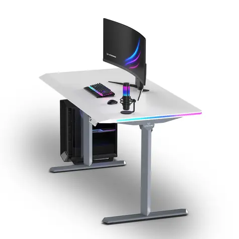 ULTRADESK QUEST šedá-bílá / Herní stůl / 140 × 70 cm / elektricky nastavitelná výška 72–120 cm / LED RGB
