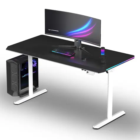 ULTRADESK Quest bílá černá / Herní stůl / 140 x 70 cm / 72-120 cm / elektrická nastavitelná výška / LED RGB osvětlení