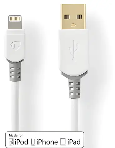 Nedis Lightning kabel 2m bílá/šedá / Datový kabel / USB-A 2.0 (M) - Lightning 8-pin (M) / 480 Mbps / Pozlacené konektory