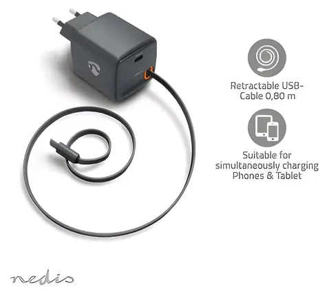 Nedis GaN 65W černá / Síťová nabíječka / USB-C PD 3.0 / zatahovací kabel 0,75 m