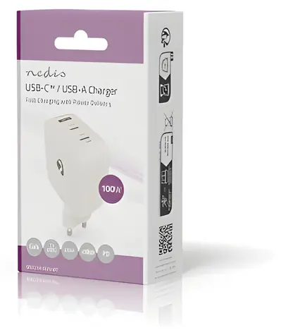 Nedis GaN 100W bílá / Síťová nabíječka / 2x USB-C PD3.0 / 1x USB-A QC3.0