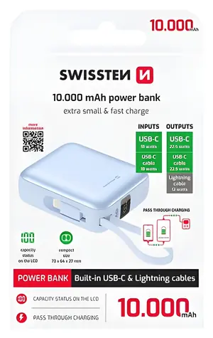 Swissten Space 10000 mAh modrá / Powerbanka s integrovanými kabely / USB-C + Lightning
