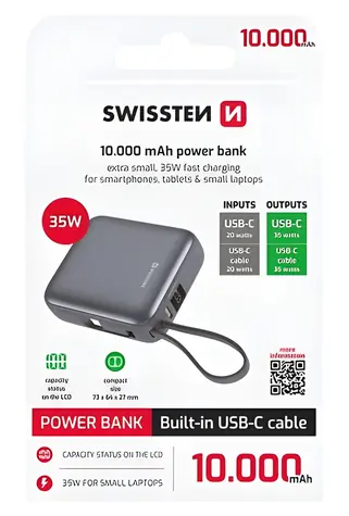 Swissten Space stříbrná / Power Bank / 10000 mAh / 35W / USB-C integrovaný kabel