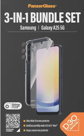 PanzerGlass Bundle Hoops + Tvrzené sklo UWF + Hard Case D3O / Ochranná sada pro Samsung Galaxy A25 5G / Transparentní