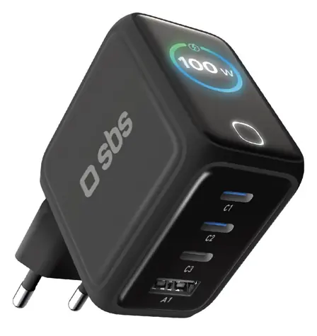 SBS Smart GaN černá / Cestovní nabíjecí adaptér / 100W / PD / 3x USB-C / USB-A