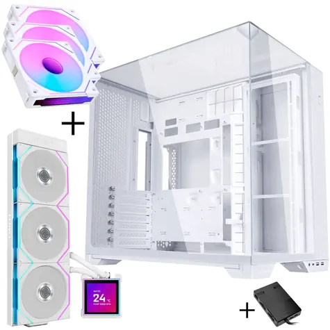 Lian Li O11 Vision Compact Bundle bílá / PC skříň + 3× ventilátor 120mm + AiO vodní chlazení 360mm / UNI FAN SL-INF ARGB