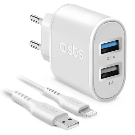 SBS Ultra Fast Charge bílá / Cestovní nabíjecí sada / 2x USB-A / Lightning MFI kabel