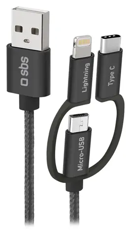 SBS černá / Kabel 3v1 USB-A na Lightning & USB-C & Micro-USB / 1,2 m