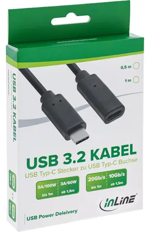 InLine USB-C černá / Prodlužovací kabel / USB 3.2 Gen 2 / 5 Gbit/s / 1 m