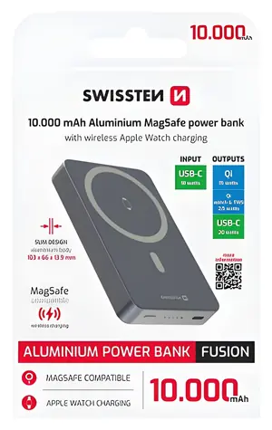 Swissten Fusion 10000 mAh stříbrná / Power Bank / MagSafe / nabíjení Apple Watch