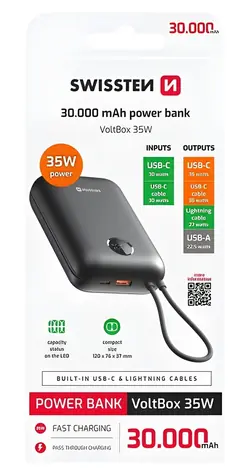 SWISSTEN VOLTBOX 30000 mAh černá / Powerbanka s integrovanými kabely / 35W / USB-C & Lightning