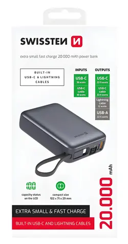 SWISSTEN Space 20000mAh stříbrná / Powerbanka s integrovanými kabely / USB-C + Lightning
