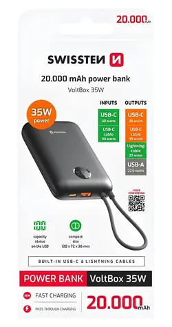 SWISSTEN VOLTBOX 20000mAh černá / Powerbanka s integrovanými kabely / 35W / USB-C + Lightning