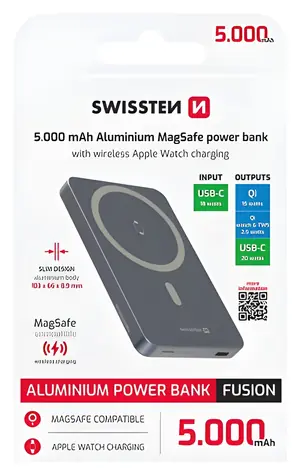 Swissten Fusion 5000 mAh stříbrná / Power Bank / MagSafe / nabíjení Apple Watch