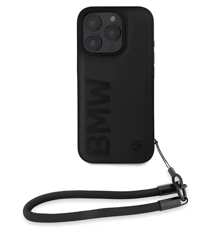 BMW Leather Signature and Strap černá / Zadní kryt / iPhone 16 Pro / pravá kůže / nylonové poutko