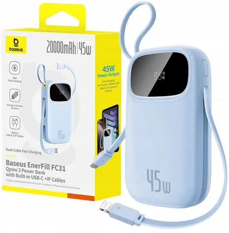 Baseus EnerFill FC31 Qpow 3 modrá / Powerbanka / 20000mAh / 45W / USB-C a Lightning v těle / USB-A