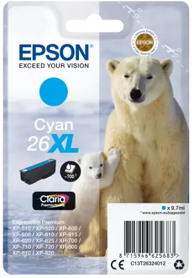Epson 26XL azurová / Originální cartridge / 8.7 ml / Expression Premium XP-510/520/600/605
