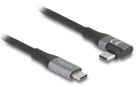 Delock USB-C 24 pin / Kabel / rovný (M) – lomený 90° (M) / USB 3.2 / Thunderbolt 3 / PD 5A 48V / 2 m
