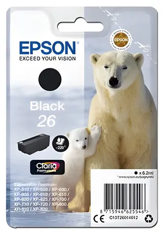 Epson 26 černá / Originální cartridge / XP-510, 520, 600, 605, 610, 615, 620, 625 / 6.2 ml