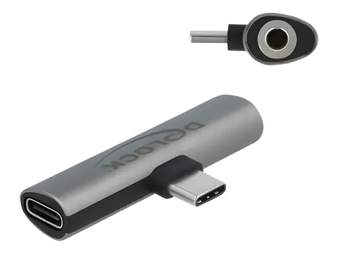 Delock USB-C audio adaptér šedá / Redukce / USB-C + Jack 3,5 mm > USB-C nabíjení / PD 3.0 20V/3A (60W)