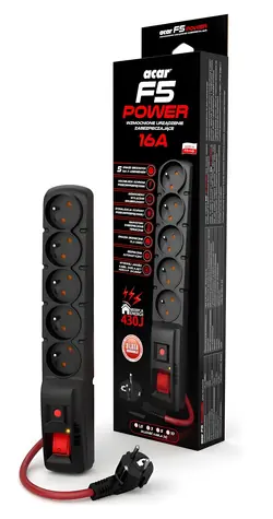 Acar F5 5m černá / Prodlužovací přívod / přepěťová ochrana / 5 zásuvek / 16A / 2300 W
