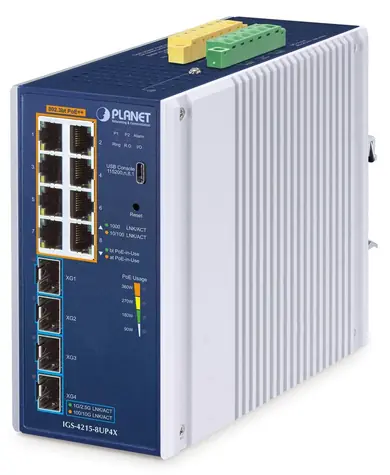 Planet IGS-4215 / Switch průmyslový / L2/L4 Managed / 8x Gigabit RJ-45 / 4x SFP / PoE++ / IP30