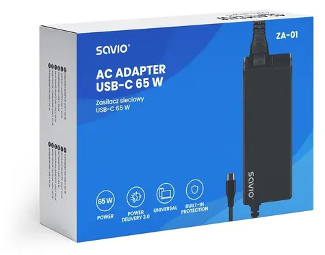 Savio ZA-01 černá / Síťová nabíječka / 65W / USB-C PD / Quick Charge 3.0 / 100-240V