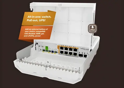 MikroTik CSS610-8P-2S+OUT / Switch / 8x GbE RJ-45 / 2x 10G SFP+ / PoE-Out 120W / vestavěná UPS / bez zdroje