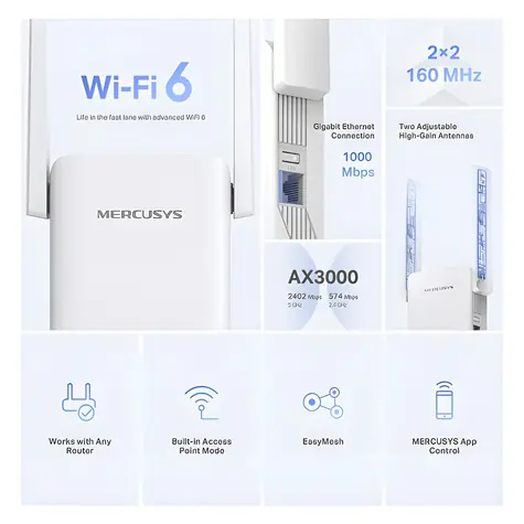 Mercusys ME80X AX1800 / Wi-Fi extender / Wi-Fi 6 / Dual-Band / 1x LAN / WPS