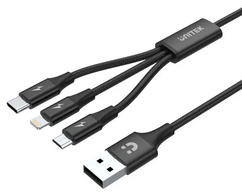 Unitek C14049BK černá / Kabel / USB-C - Micro-USB/Lightning / 3v1 / 1.2 m