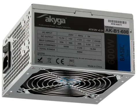 Akyga AK-B1-600 šedá / Zdroj / ATX / 600W / pasivní PFC / 120 mm