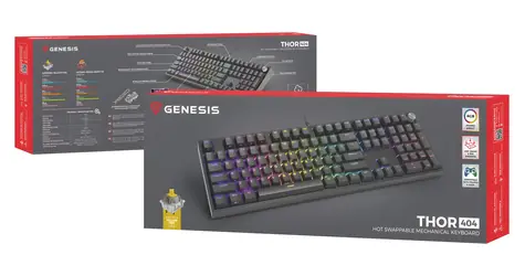 Genesis Thor 404 černá / Herní mechanická klávesnice / RGB / Gateron Yellow Pro / Drátové USB-A / US layout