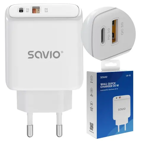 Savio LA-12 bílá / Síťová nabíječka / 20 W / Power Delivery + Quick Charge / 2x výstup