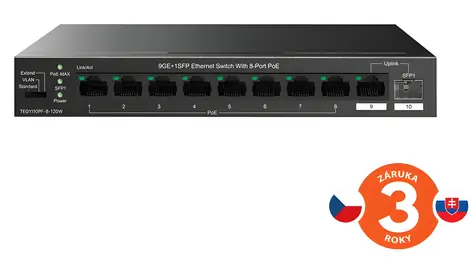 Tenda TEG1110PF-8-120W / Switch / 8x Gigabit PoE+ / RJ45 + SFP uplink / 120W PoE budget / Fanless / Desktop