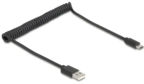 DeLock / Spirálový kabel USB 2.0 Typ-A na USB-C / 0,75 m / černý