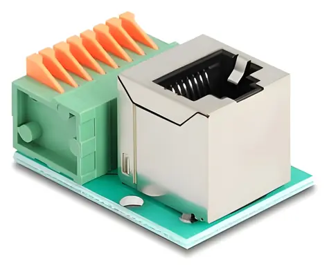 Delock 90653 / Adaptér RJ45 na terminálový blok / zahnutá zásuvka RJ45 / 8pin s tlačítkem / Cat.5e