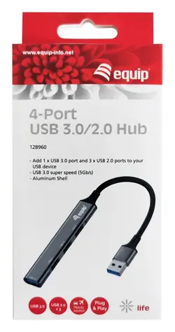 Equip USB Hub 4 porty černá / USB hub / 1× USB-A 3.2 Gen 1 + 3× USB-A 2.0 / 5 Gb/s / hliník