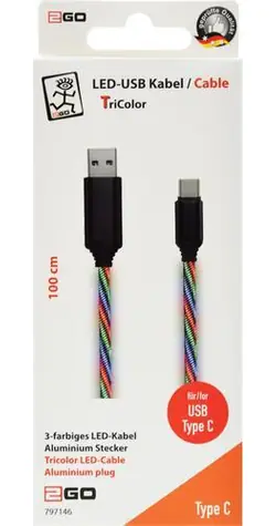 2GO Tricolor / Datový kabel / USB-B - USB-C / LED podsvícení / 1 m